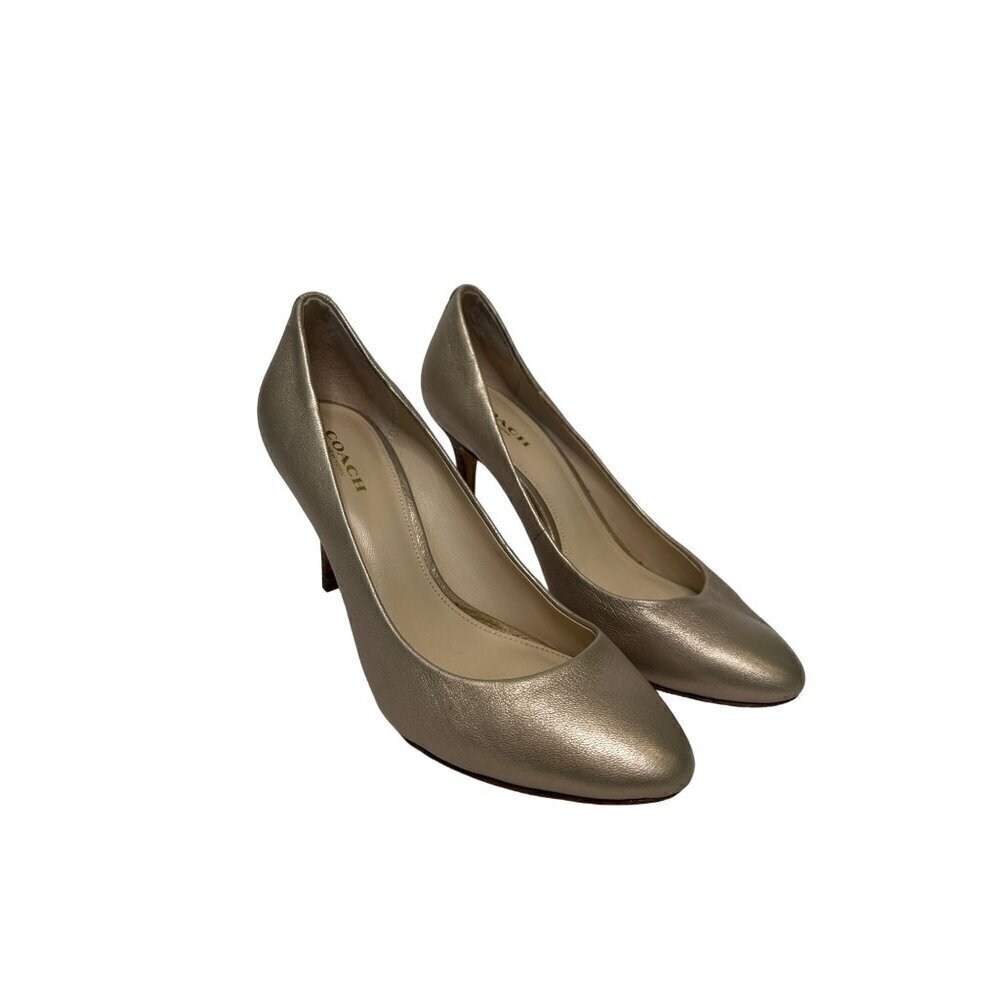 Coach Metallic Gold Round Toe Work Leather Pumps Formal Heels Size 7.5